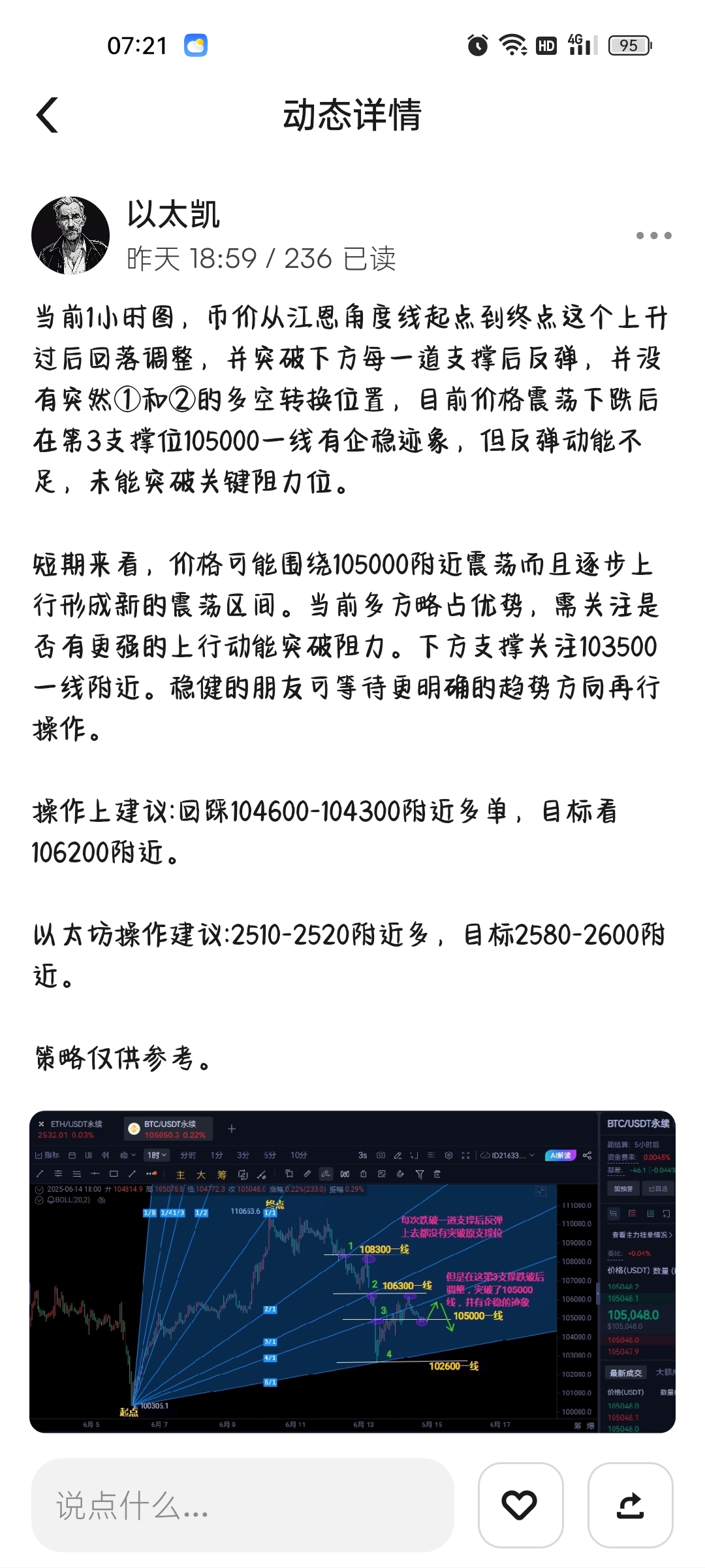 行情分析，大饼价格昨日震荡上行，幅度较小，价格在布林带上轨附近波动，呈现收敛三角形形态，同时多空情绪相对较为谨慎。MACD指标显示动能增强，多头力量略占上风。
短期来看，价格或将在关键点位附近震荡后选择方向，突破三角形上轨（105494）将有望进一步测试前期高点110350。而如果未能有效突破，价格可能会回撤至布林带下轨104439甚至是前期低点102614。

其他关注点：短期波动性或将加大，需关注市场情绪变化及外界重大消息对趋势的影响，以综合判断下一步操作方向。

综上所述，当前市场处于关键选择方向期，操作需控制仓位，不宜盲目进场；突破信号明确后，方可顺势跟随。

策略仅供参考，个人预测会上涨，操作上可继续参考前面建议。