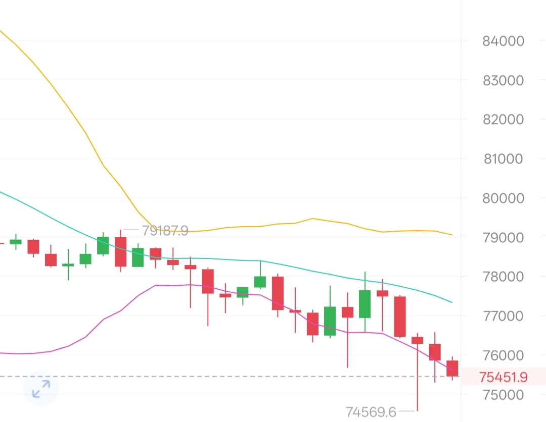 2/2大饼午后布局

从BTC当前的技术结构来看，已经确立了明确的空头弱势格局。配合RSI指标同步走弱，表明空头动能仍在持续释放，下行趋势具备较强延续性。操作上，建议维持“反弹高空”的核心，依托关键阻力位布局空单。

操作建议75700-76200区间箜
目标73000-71000