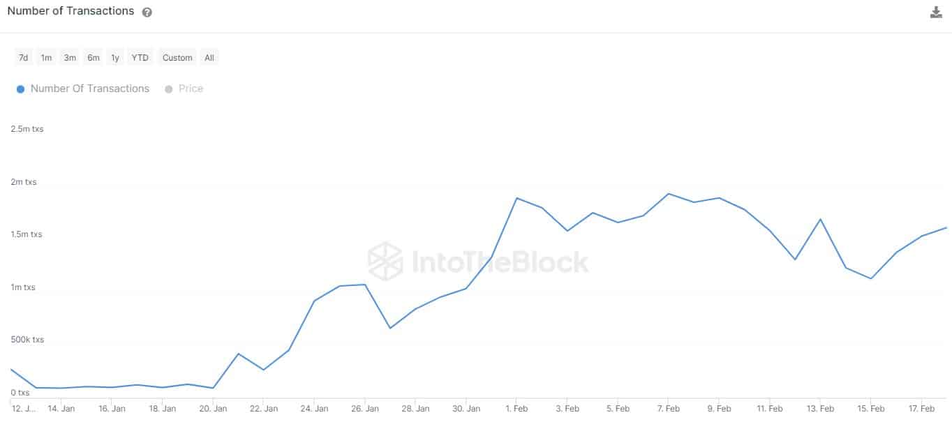 Transactions on Dogecoin rose in February