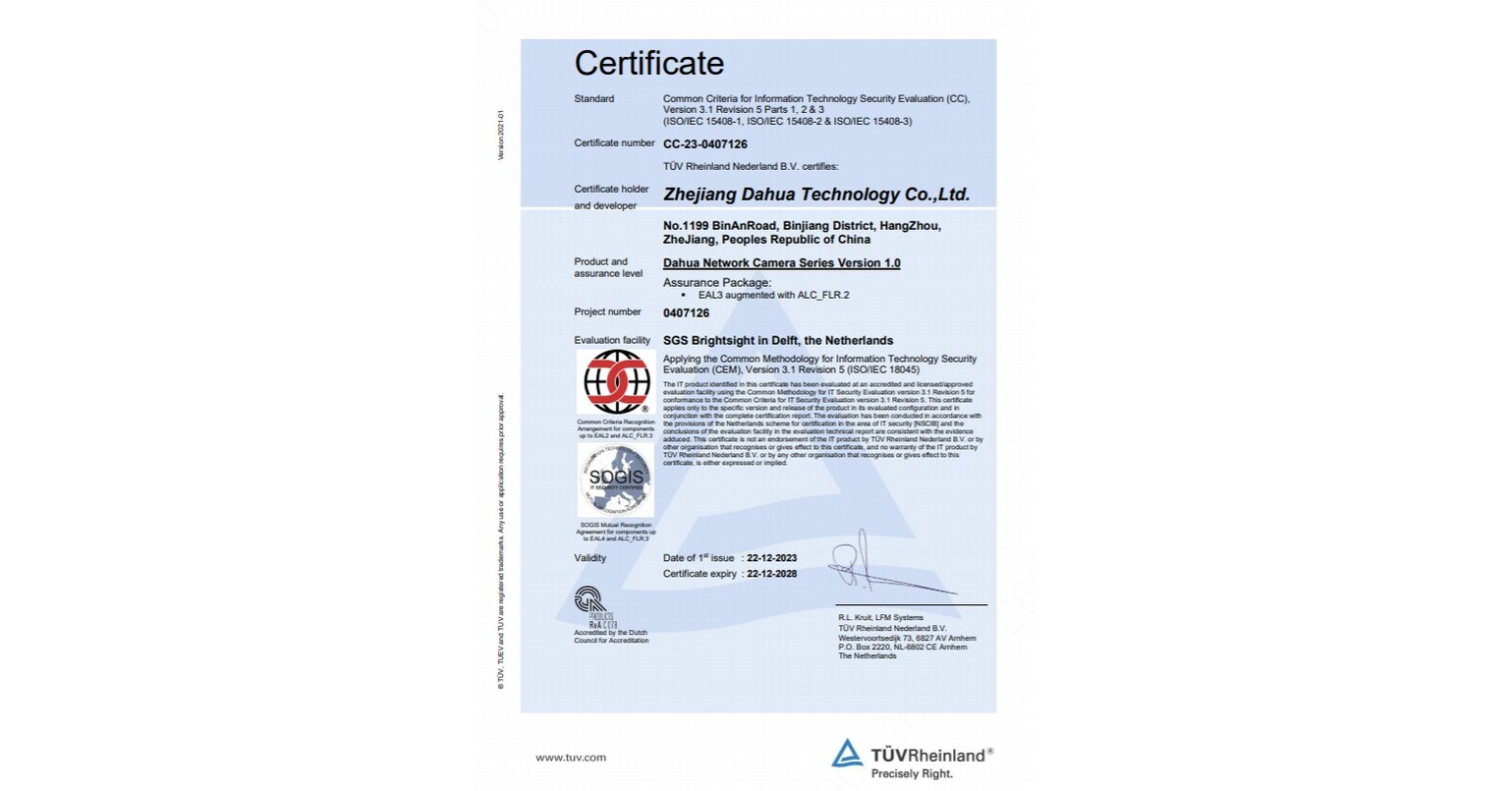 Seria kamer sieciowych Dahua uzyskała certyfkat CC EAL 3+