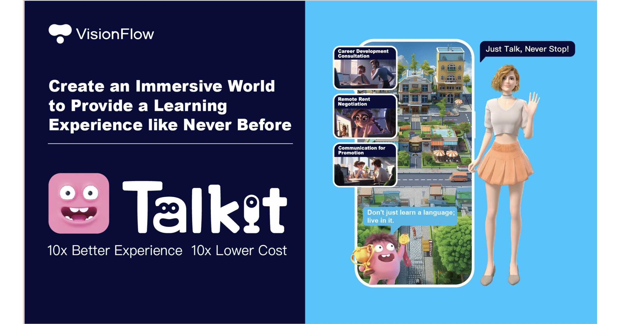 VisionFlow lancia Talkit: la rivoluzione nell'apprendimento delle lingue con un mondo 3D immersivo simile a Westworld