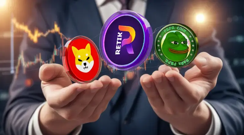 3种现在正在成为抛物线的加密货币：Pepe Coin（Pepe）、Solana（SOL）和Retik Finance（Retik）图标