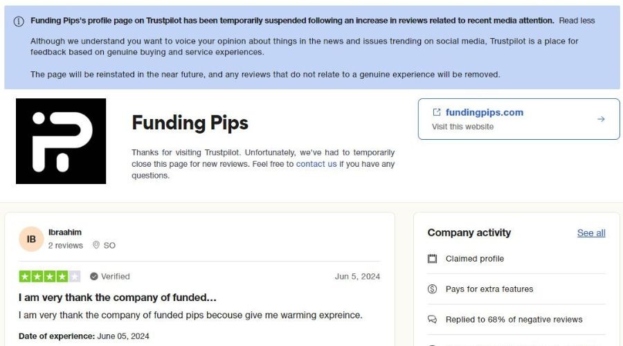 道具交易公司融资Pips的Trustpilot简介页面已暂停图标