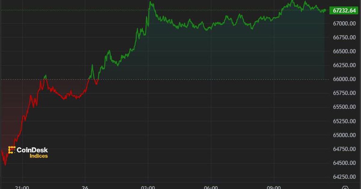 美洲先行者：比特币价格回升67000美元，24小时内上涨近5%图标