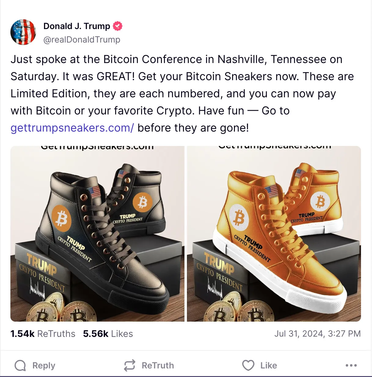 Donald Trump's limited edition Bitcoin sneakers sell out in hours