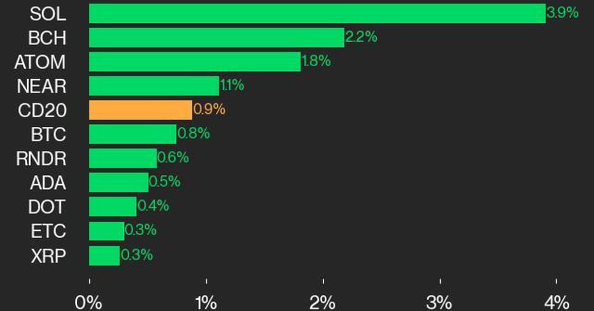 CoinDesk 20业绩更新：随着指数反弹，SOL以3.9%的涨幅领先图标