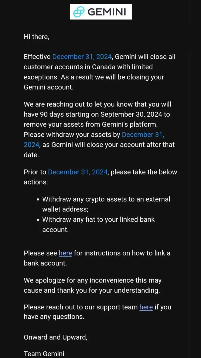 Gemini to shut down Canadian accounts, users given 90-day ultimatum to withdraw funds