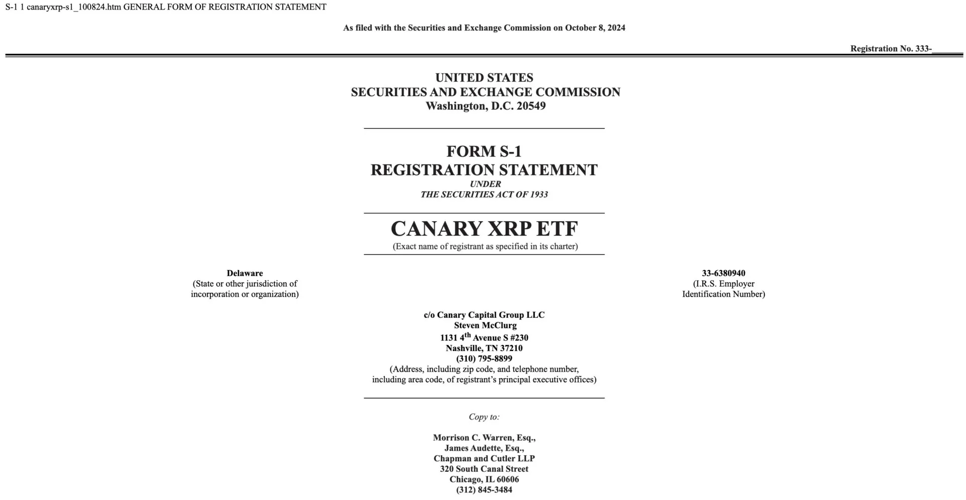 Canary Capital files for spot XRP ETF with US SEC