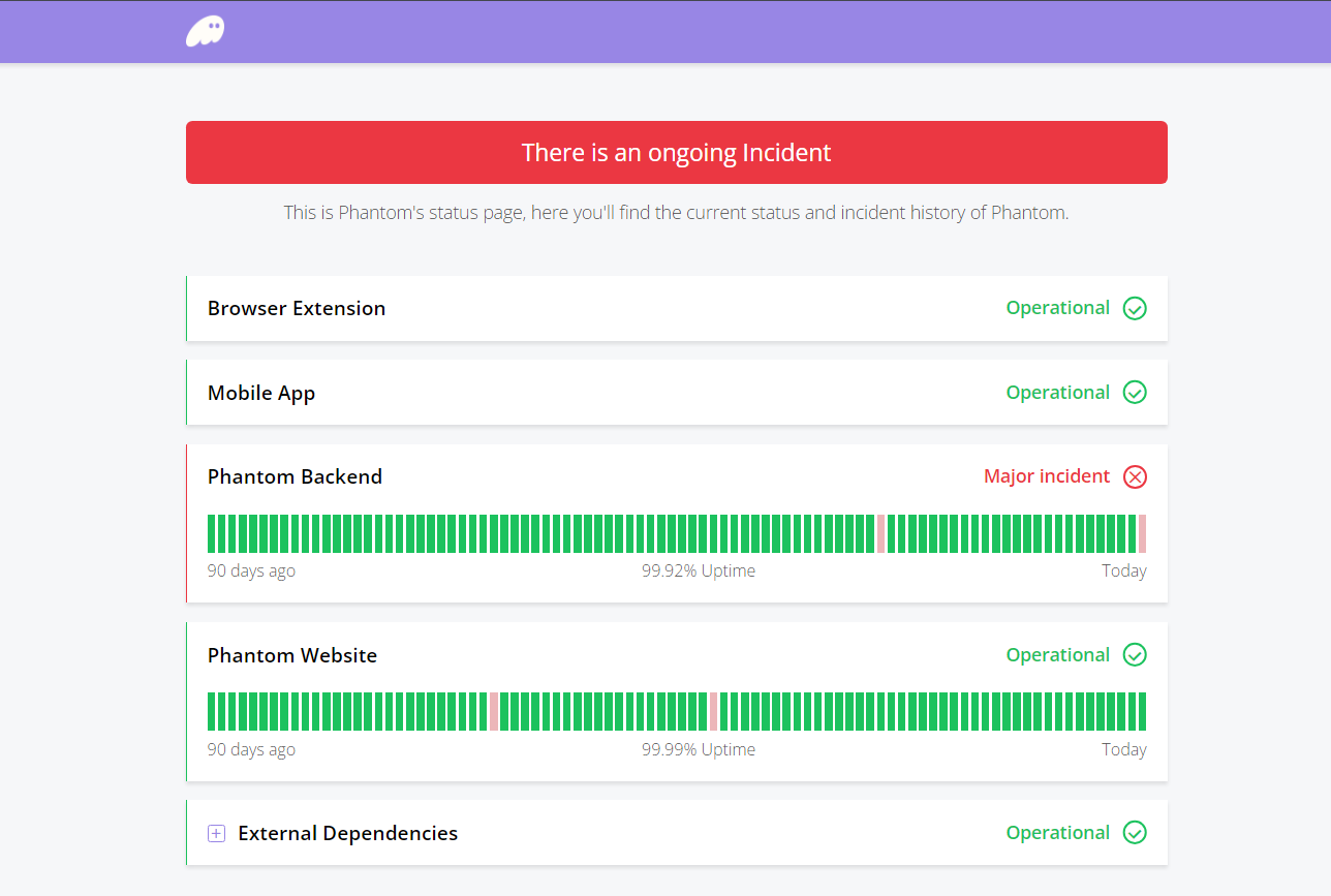 Phantom's status page shows the "major issue"