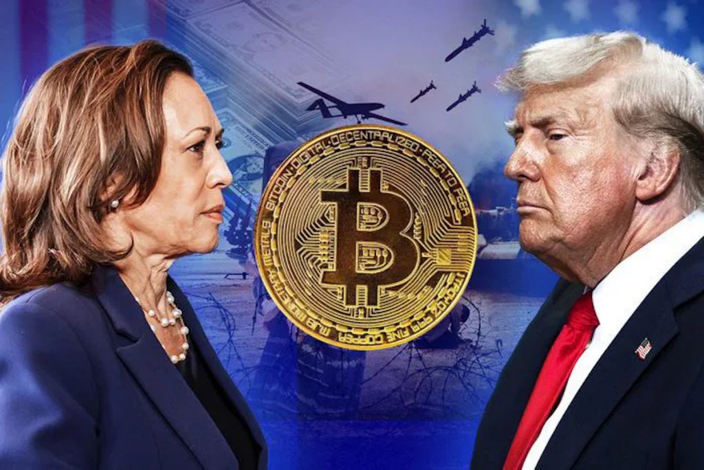 Kamala Harris And Donald Trump Pose on Opposite Ends of Bitcoin