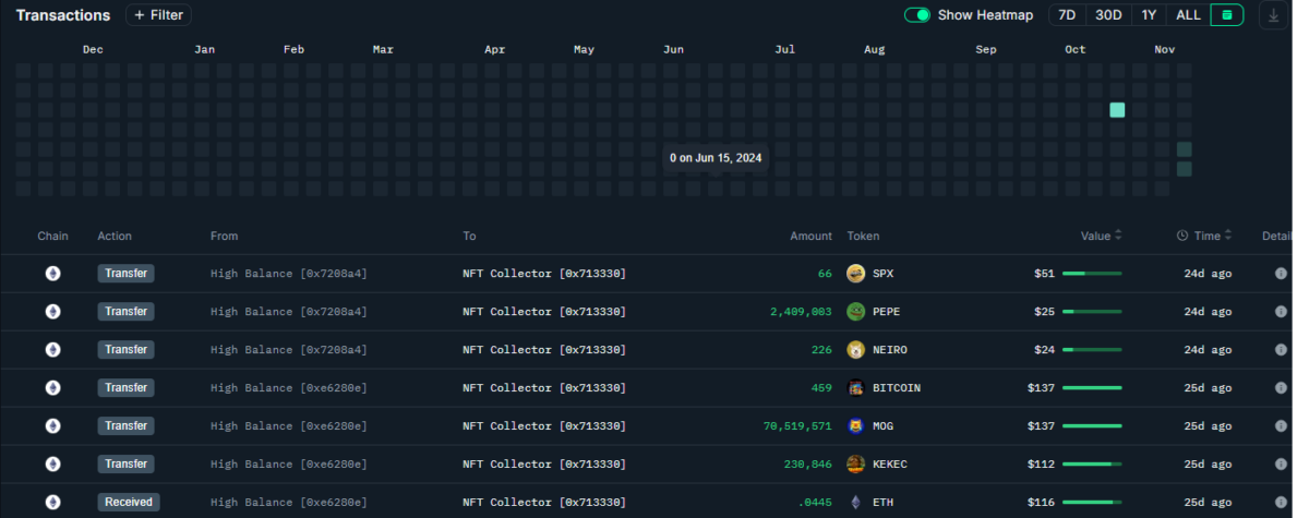 The Ethereum wallet of Hailey Welch contains mostly vanity tokens, sent by other high-balance addresses. The wallet also contains one NFT from the 1984 Worldwide collection.