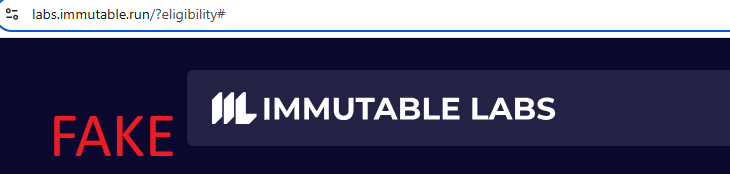 Fake address for Immutable AI Labs, offering a spoof link to connect a wallet. 