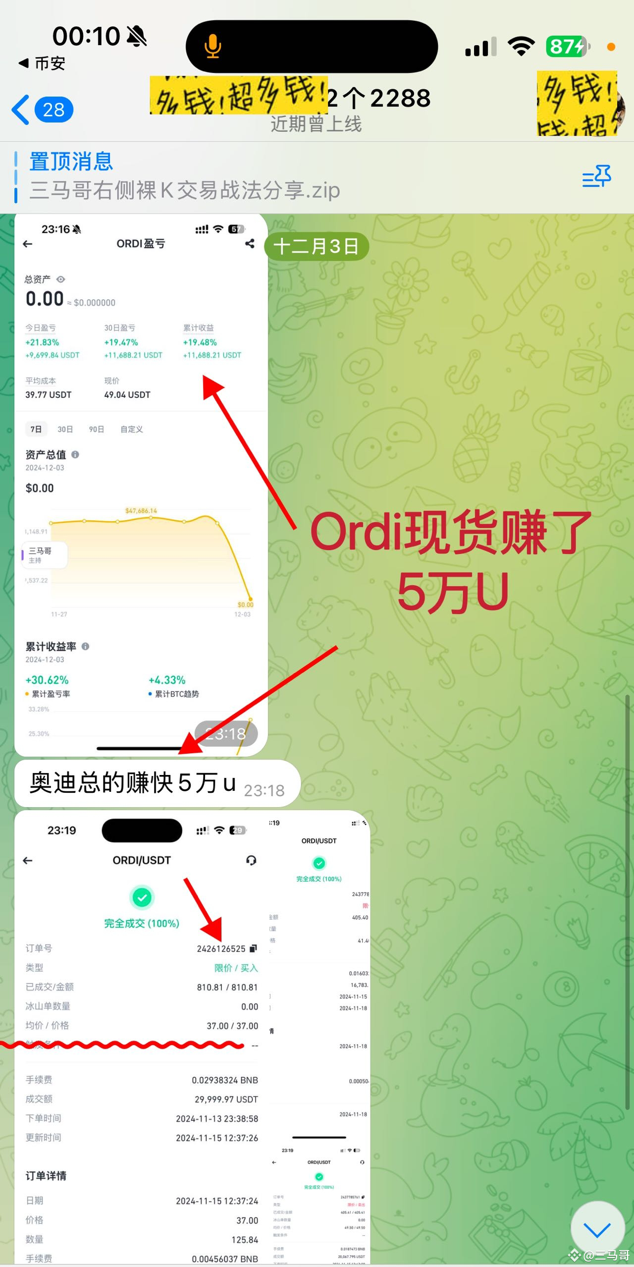 Ordi's non leveraged spot profit is 38% to 50%. We have automatically cleared our position by setting a profit taking target in advance. It's not that we don't have confidence in him, but we need to adjust the reasons as follows: 1、 Because many friends need cash liquidity, many of them may need to become fresh after making a profit. If they take it for too long and withdraw the profit rhythm, it will be more suitable for more people. Another point is that you can't say that there hasn't been a sales strategy, for example, a newcomer can't say that you made him wait for last year's 10U cost, right? There must be entry points for the frequency band.  2、 I publicly announced on November 10th that the buying strategy for this coin is at 36 and 30, giving you a 20 day buying and holding opportunity. Just last week (November 29th), during my live broadcast, I explicitly stated that it would rush towards 50U. Today, it rose to 50U+and automatically sold.3、 We have done Orid more than 30 times this year, and it really lives up to me.4 👉 [Public Strategy Record on November 10th]（ https://app.binance.com/uni-qr/cpos/16039505041137?l=zh -CN&r=183873891&uc=web_square_share_link&uco=YlhI6nVWAwXtxF1K2b4Utg&us=copylink)， 👉 On November 29th, the Ordi cannon in front of the horse will skyrocket, setting a record（ https://app.binance.com/uni-qr/cpos/16896354893498?l=zh -CN&r=183873891&uc=web_square_share_link&uco=YlhI6nVWAwXtxF1K2b4Utg&us=copylink)
