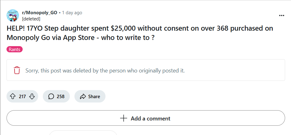 Deleted Reddit comment of a parent complaining about their child's Monopoly Go in-app spending