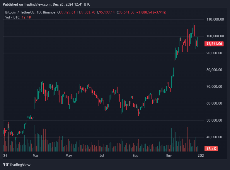 BTC/USDT price chart for the year 2024