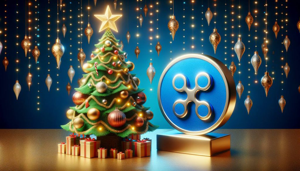 logo of Ripple XRP near a christmas tree.