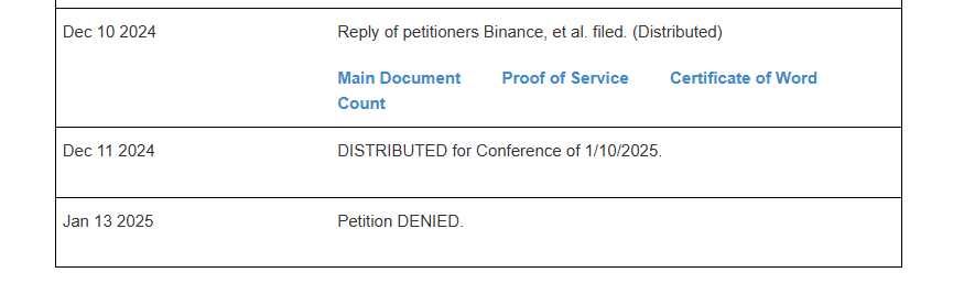 Binance petition denial