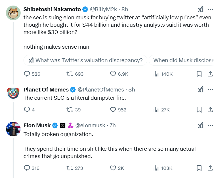 Dogecoin founder and Elon Musk reacting to the SEC lawsuit