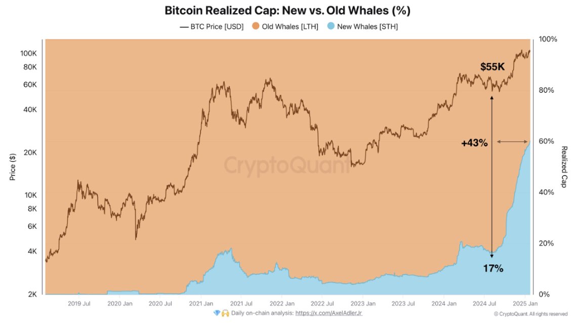 Chart showing the Bitcoin realized cap of new whales against old whales