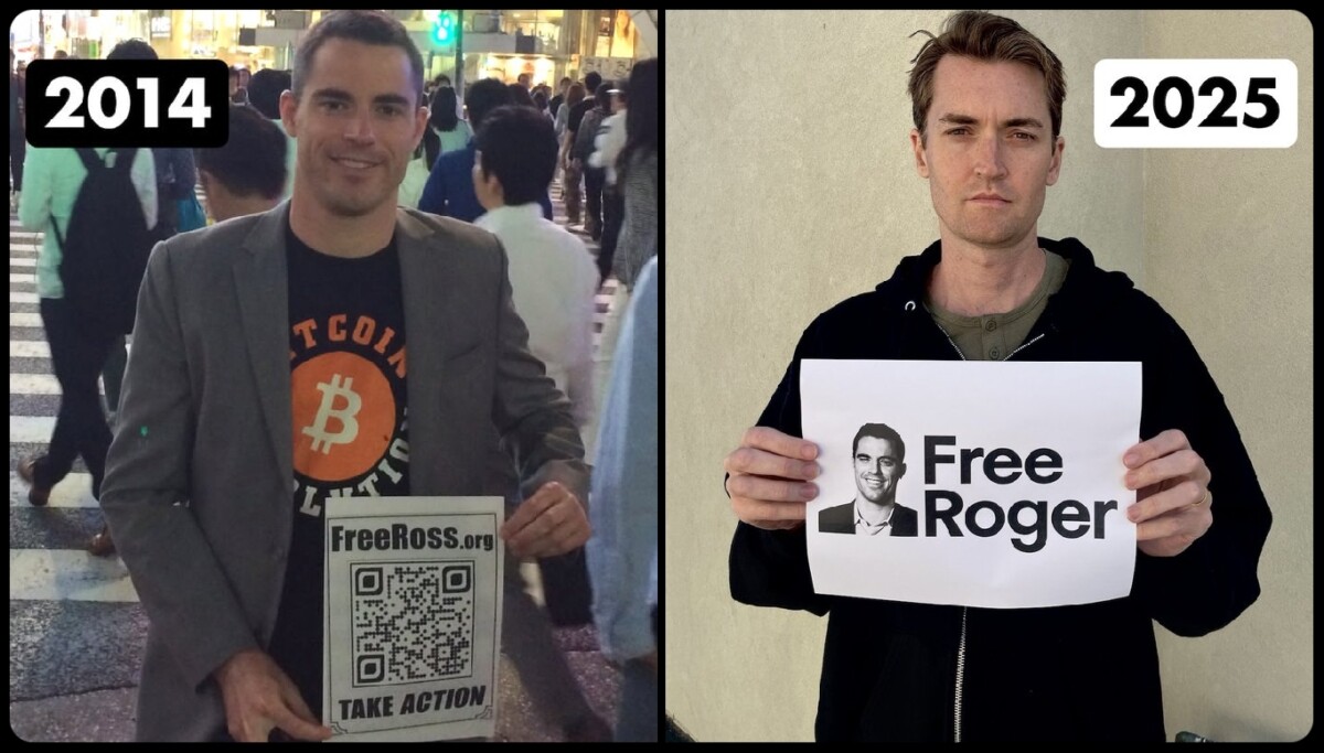 Roger Ver holding a placard that reads “FreeRoss.org” in 2014 side by side with Ross Ulbricht holding a placard that reads “FreeRoger” in 2025