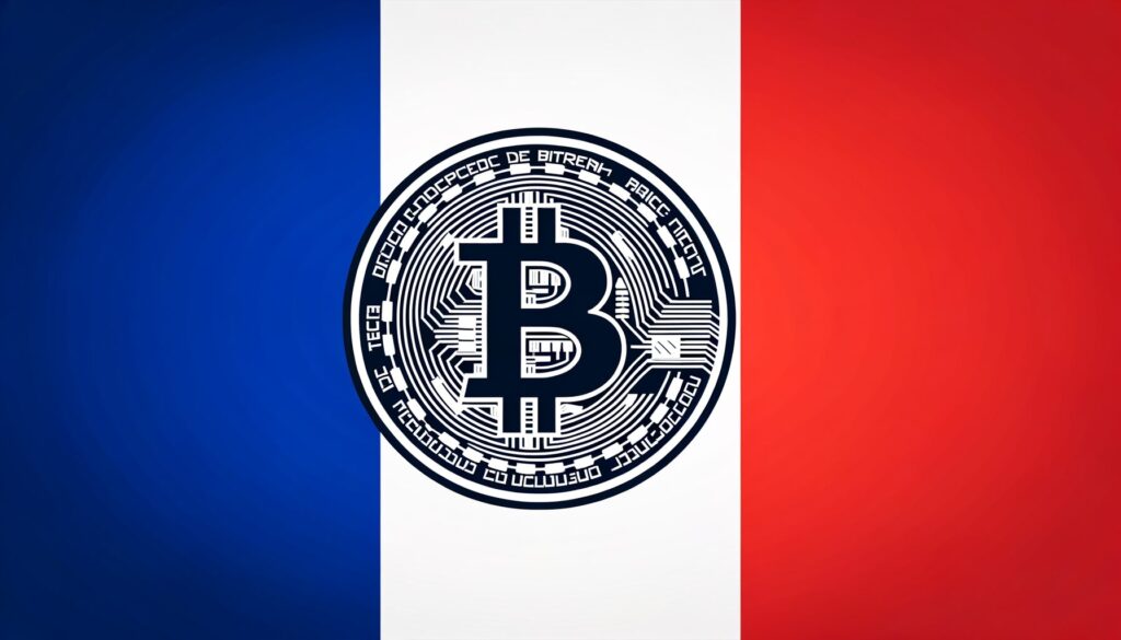 Bitcoin coin superimposed on French flag background