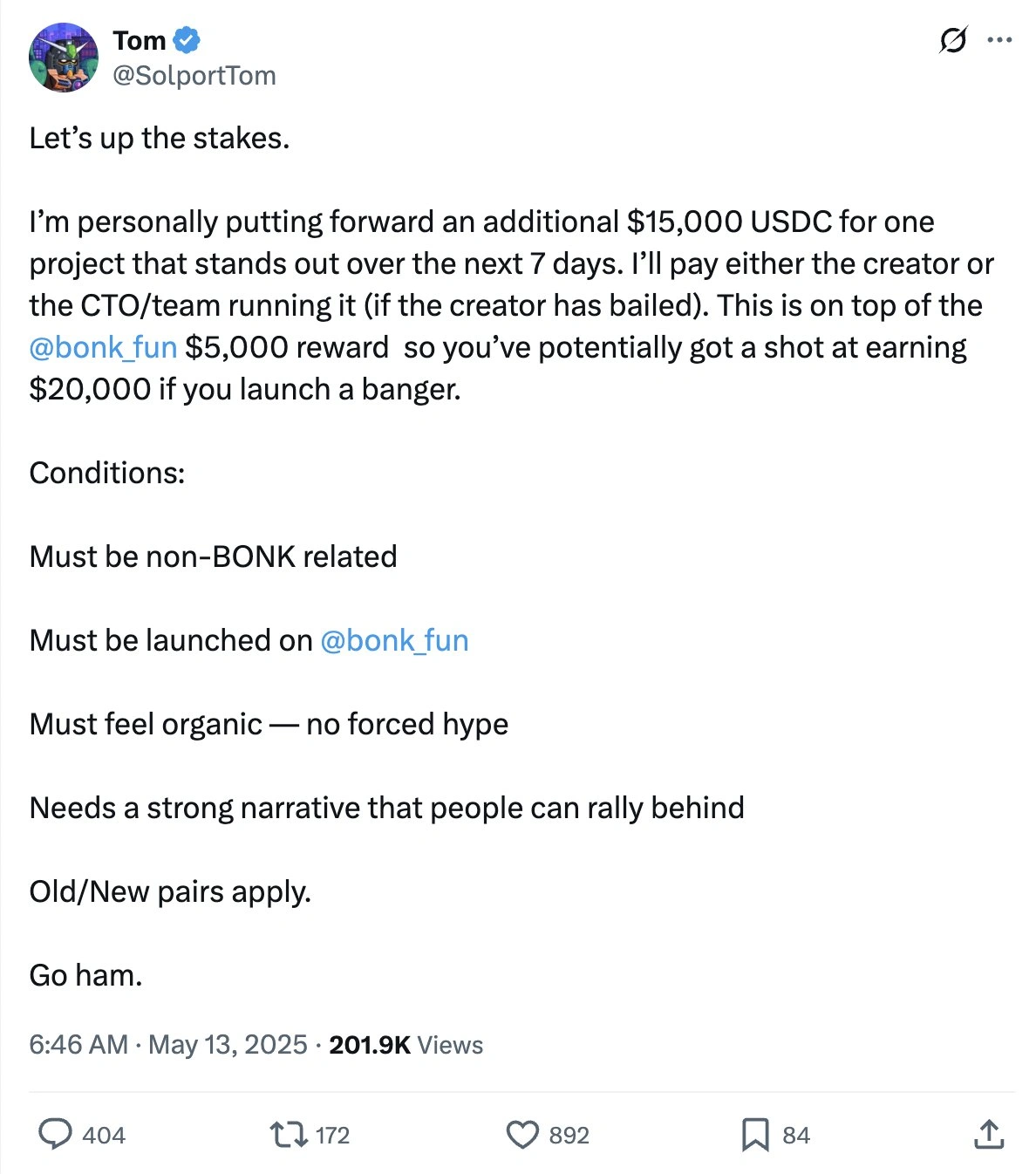 SolportTom, LetsBonk's founder is offering creator rewards to encourage people to create new organic memes on the LetsBonk platform