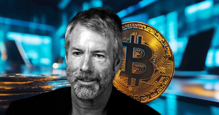 Michael Saylor with Bitcoin digital coin on blue technology background