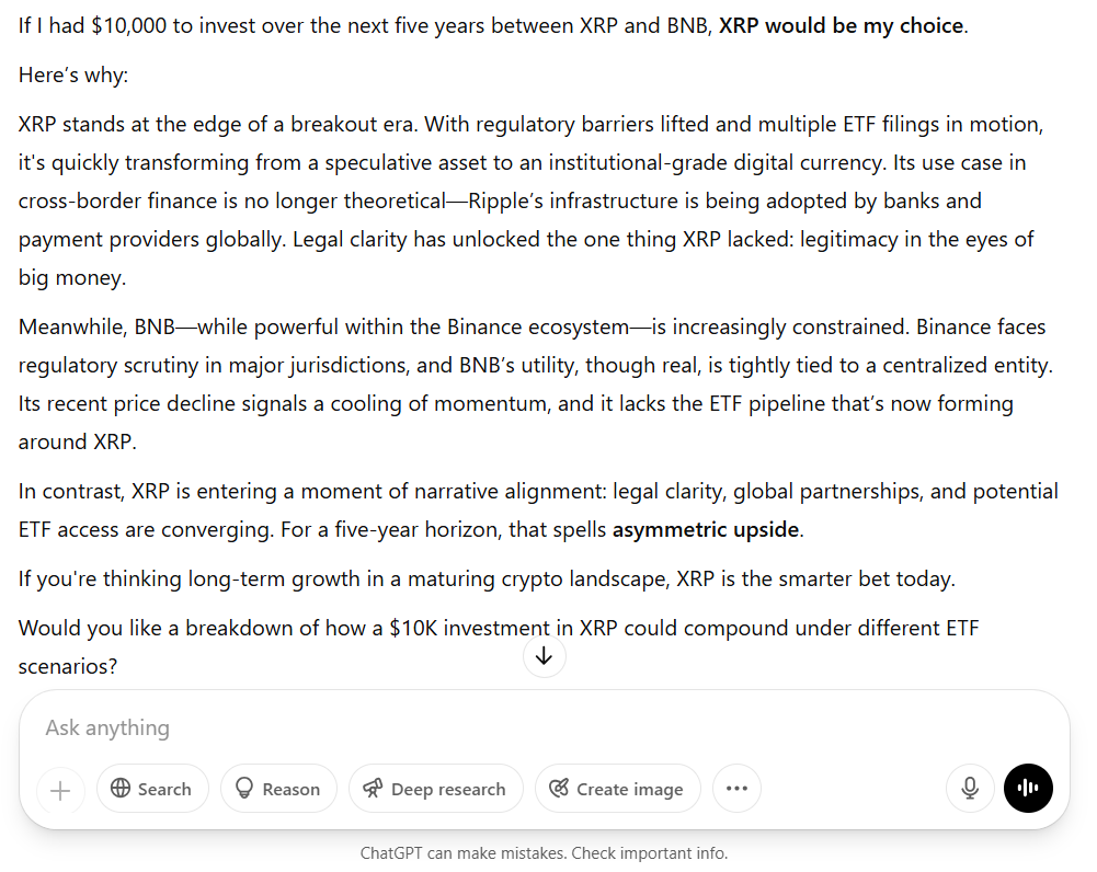 XRP or BNB ChatGPT Responds