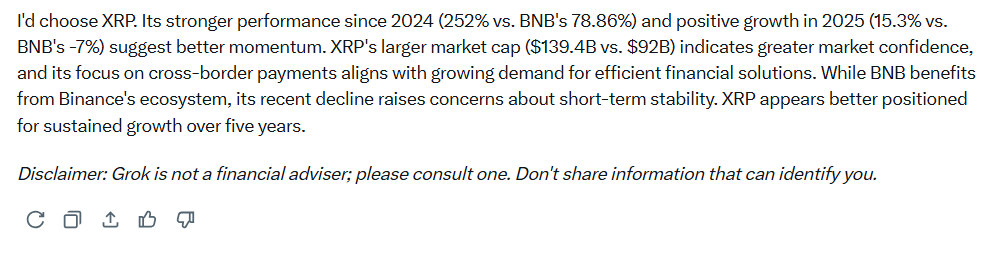 XRP or BNB Grok AI Responds