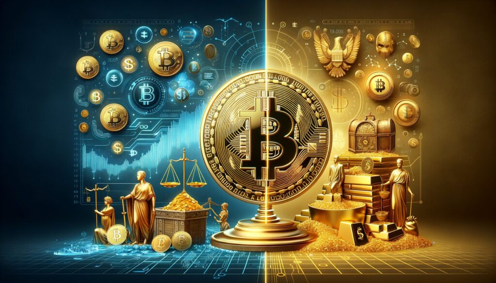 Split image showing digital Bitcoin technology versus traditional gold finance