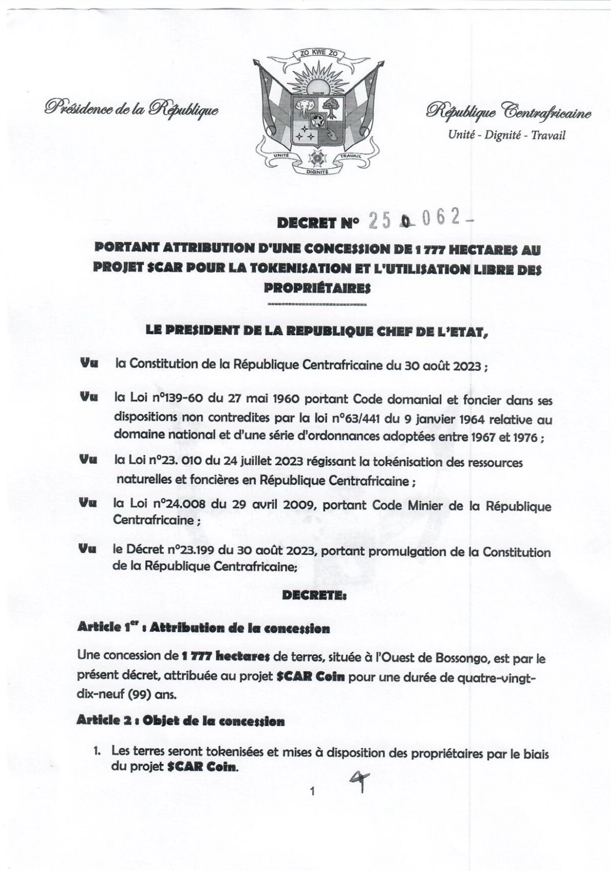 Excerpts from CAR President Faustin-Archange Touadéra sharing his country's plans to tokenize over 1,700 hectares of land