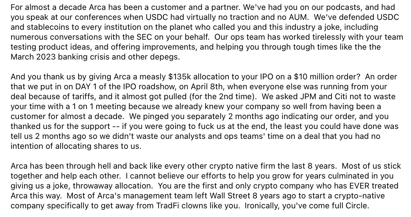 Arca sends 'best wishes' to Circle after IPO and NYSE listing: 'choke on your success'