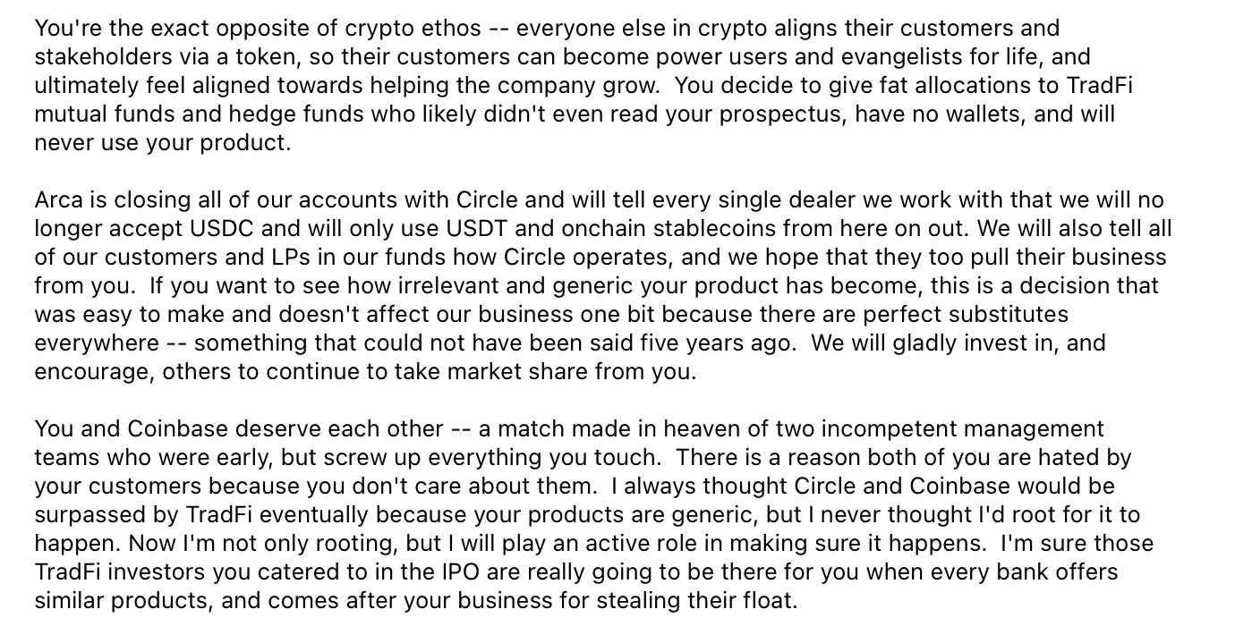 Arca sends 'best wishes' to Circle after IPO and NYSE listing: 'choke on your success'