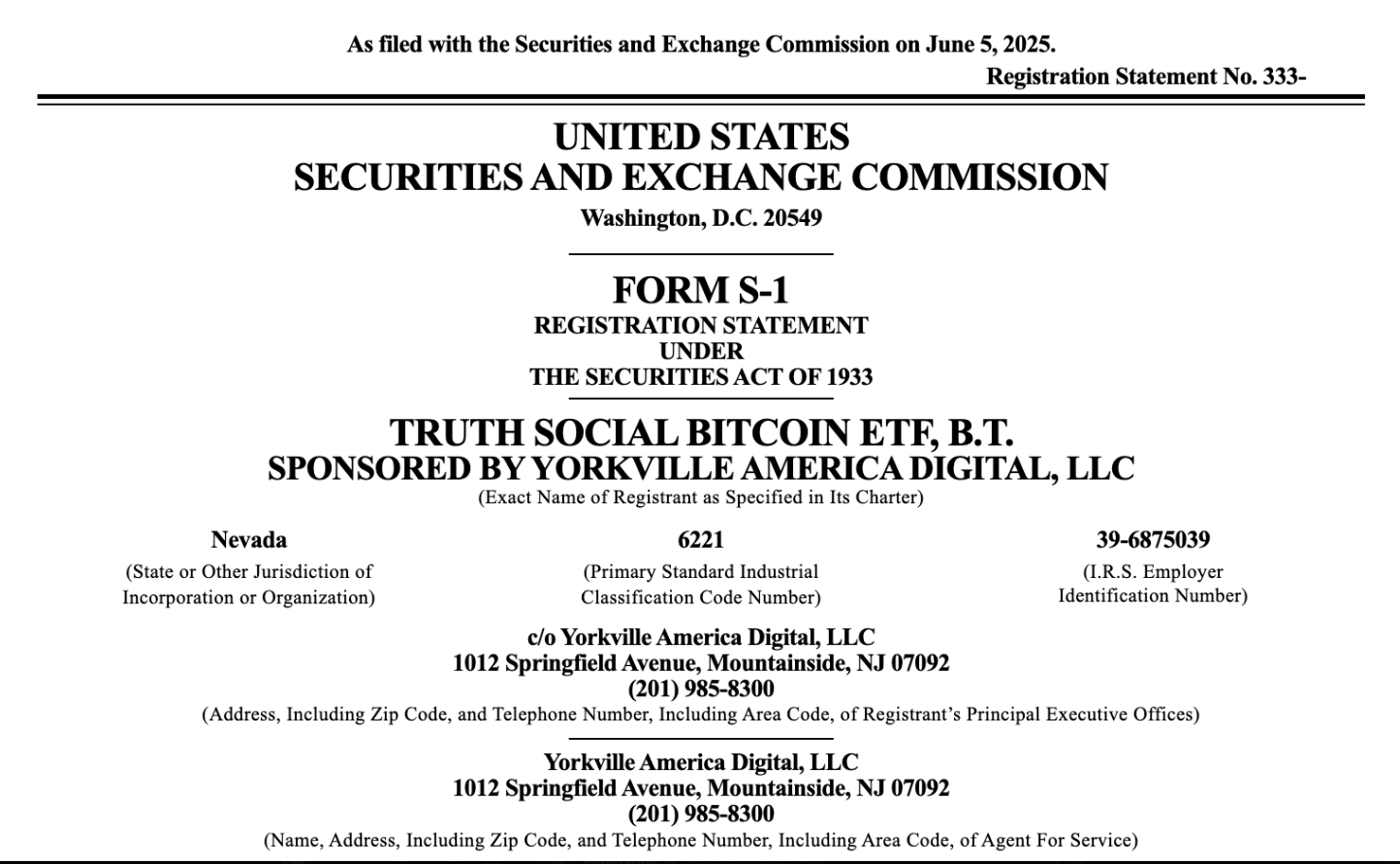 President Trump's Truth Social Files S-1 Form For Bitcoin ETF 1 S-1 Form.