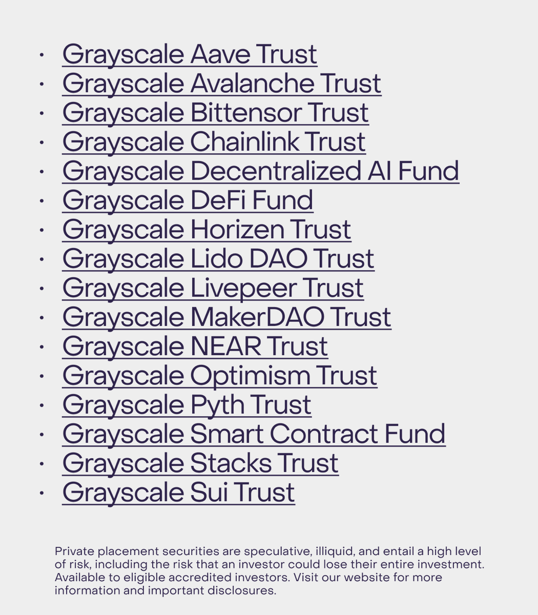 我们的私募面向符合条件的合格投资者开放 - 查看列表👇

$AAVE $AVAX $BAT $TAO $LINK $RENDER $GRT $UNI $MKR $CRV $LDO $FIL $ZEN $LDO $LPT $NEAR $OP $PYTH $ADA $DOT $STX $SUI

了解更多信息并查看重要披露：https://t.co/qgd5dY9ske