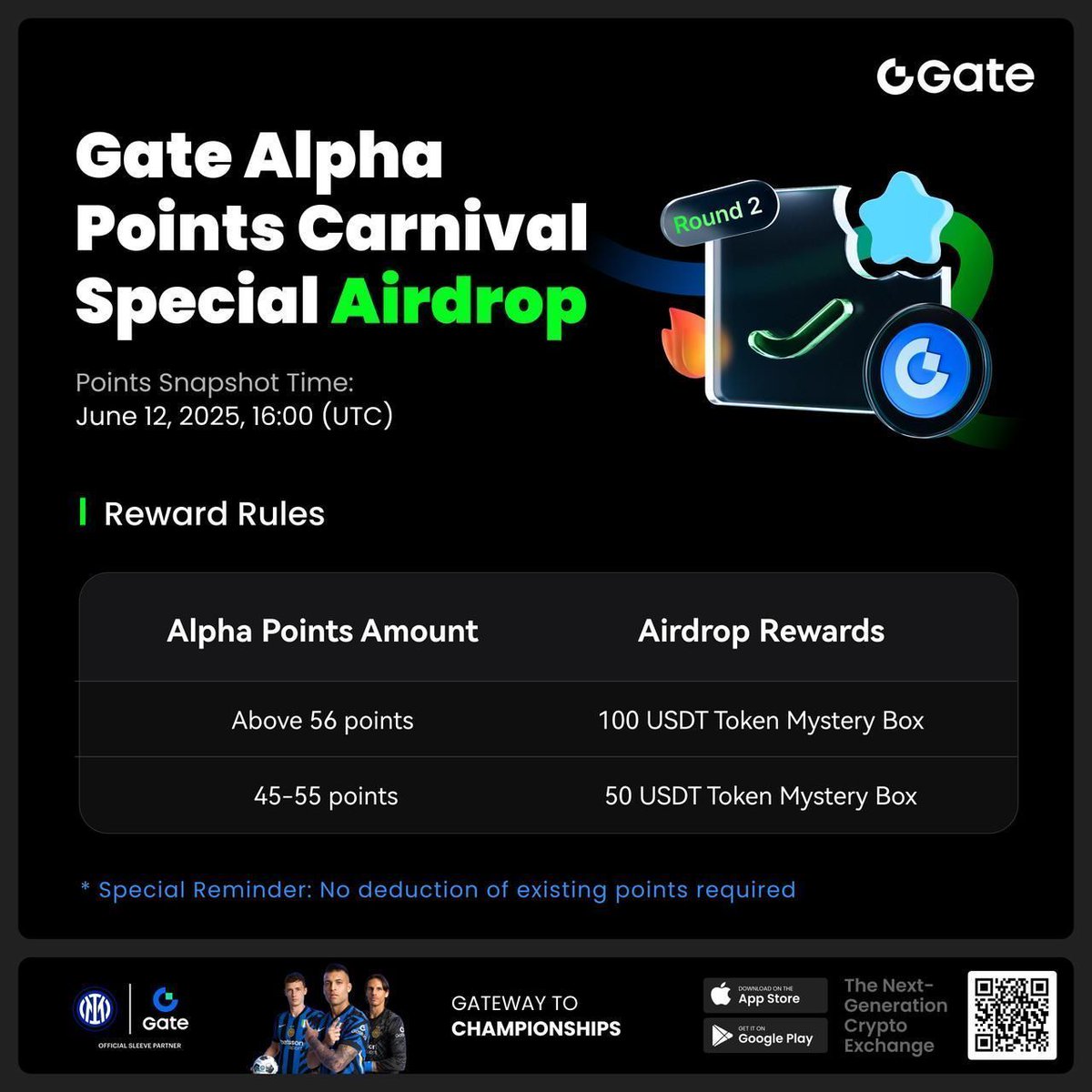 🎉 Gate Alpha 积分特别空投第二轮奖励已发放！
根据您的 Alpha 积分，最高可获得 100 美元代币神秘宝箱 - 不扣除积分。
- 45-55 积分：50 美元代币神秘宝箱
- 56 积分及以上：100 美元代币神秘宝箱
📸 Alpha 积分快照：6 月 12 日 16:00 (UTC)

现已支持多链交易——使用 USDT 直接购买链上资产！
🔗 详情：https://t.co/lRXmJXPzSi

#Gate #GateAlpha #GateAlphaPoints