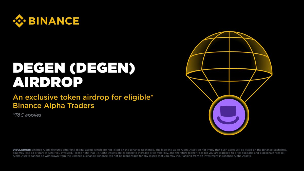 我们很高兴地宣布，Degen (DEGEN) 已入驻币安 Alpha 活动。

符合条件的币安用户，拥有至少 245 个币安 Alpha 积分，即可于 2025 年 6 月 14 日 07:00 (UTC) 开始在 Alpha 活动页面领取 13,862 个 DEGEN 代币的空投。

请注意，领取 DEGEN 空投将消耗 15 个币安 Alpha 积分。用户需在 24 小时内在 Alpha 活动页面确认领取，否则将被视为放弃领取。

重要公告：
自 2025 年 6 月 19 日起，币安 Alpha 空投将分两个阶段发放：
第一阶段：达到 Alpha 积分门槛 (X) 的用户可在一定期限内领取空投。
第二阶段：门槛降低至 Y (Y < X)；空投池将按照先到先得的原则发放，直至空投池完全发放完毕或空投活动结束。
更多详情将陆续公布，敬请期待。