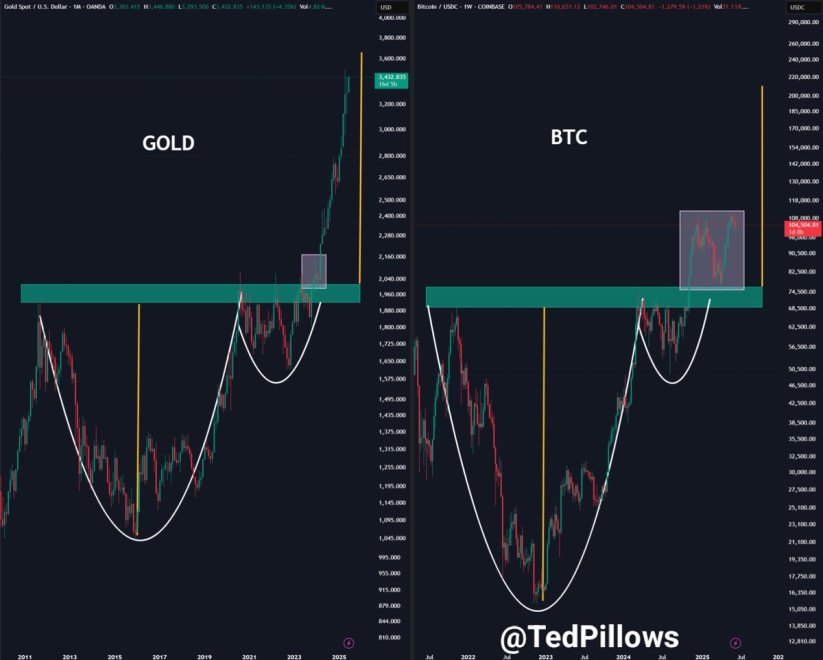 Bitcoin mirrors Gold price action | Source: X 上的 Ted 枕頭