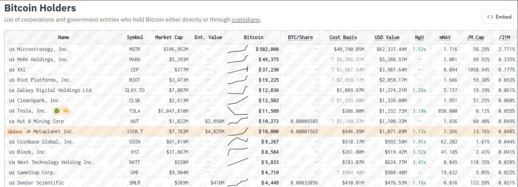 Bitcoin holders ranking comparison