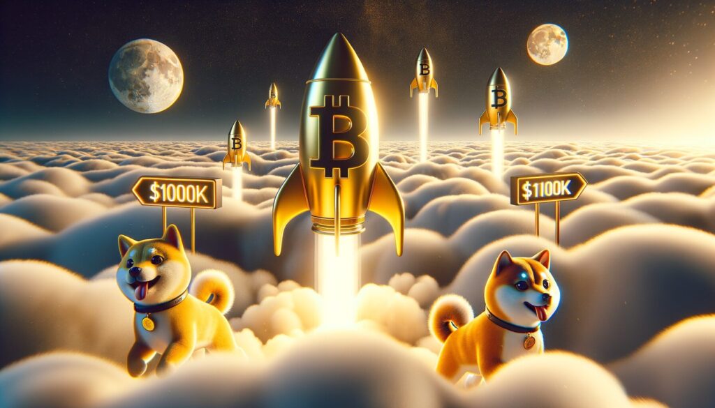 Bitcoin soaring through clouds toward a glowing $100K milestone marker, with Dogecoin and Shiba Inu rockets