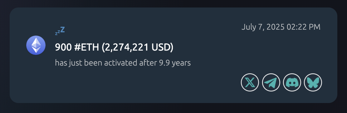 Two Ethereum genesis wallets reactivate after 9 years, moving $2.9M in ETH.