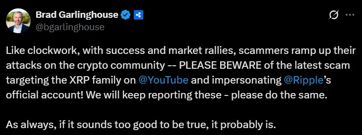 Ripple flags a new XRP scam wave on YouTube.