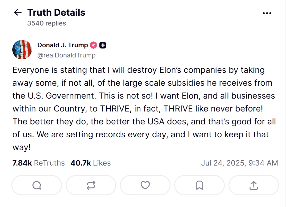 Trump says he won’t cut Elon Musk’s federal subsidies despite feud