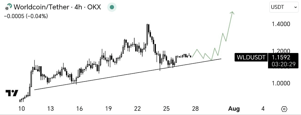 行情明显看涨——WLD/USDT 价格保持在趋势线上方并测试支撑。目前横盘整理，但如果能守住这条线，有机会反弹至 1.30-1.40 区间。  

如果不出意外大砸盘，我看好向上突破的可能性，做多机会不错#ETH重返3800 #GalaxyDigital抛售比特币 #以太坊交易量反超比特币 #币安Alpha上新 #美国AI行动计划 