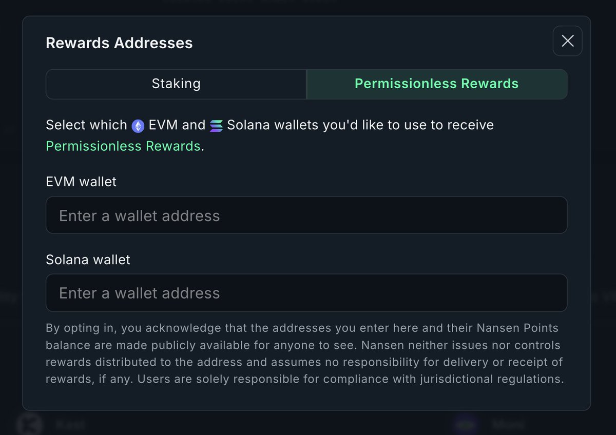 Don't miss out: Nansen Points unlock permissionless rewards in crypto.

But you have to opt in first. Here's how:
1️⃣ Visit the Points Center
2️⃣ Click the "Permissionless Rewards" tab
3️⃣ Submit your EVM and Solana wallet addresses

It's that simple.

Win weekly rewards...or just give them away.