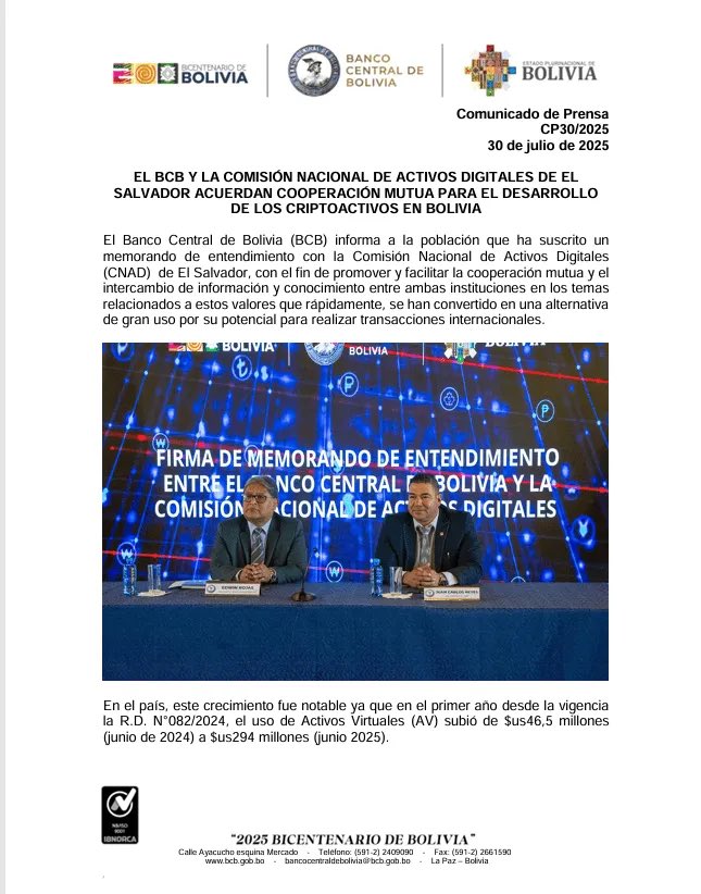 Latest News: 🇧🇴 Bolivia's Central Bank has signed a memorandum of understanding with the 🇸🇻 El Salvador Digital Asset Commission to share cryptocurrency regulatory expertise and technical solutions.

Following the enactment of Bolivia's new digital asset decree, cryptocurrency usage in the country surged from $46.5 million to over $294 million within a year.