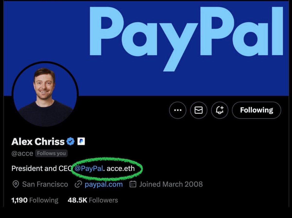 RT @QuintenFrancois: PayPal CEO's bio has an ENS domain.

The world still doesn't know what it is.