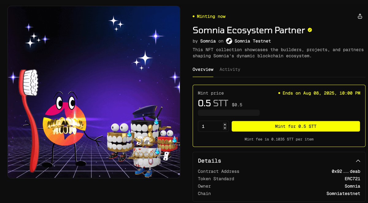 Somnia — Mint NFTs!!! 🪂

Mint @Somnia_Network NFTs for free on #Rarible now and add +1 transaction to your transaction counter!

➖ Mint NFTs

👉 Click here: https://t.co/AaxW2f0zW4

Get Faucet Tokens: https://t.co/RQwEWftkXv