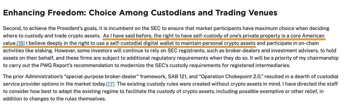 SEC Chairman Paul Atkins: “The right to self-custody one’s financial assets is a core American value. I firmly believe that the right to use a self-custody digital wallet to store one’s crypto assets is indispensable.”