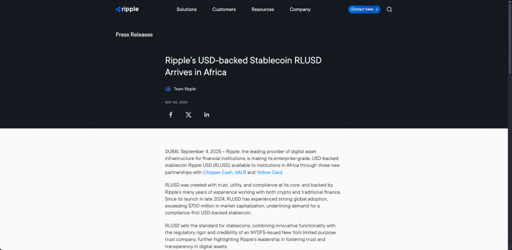 波纹's USD-backed Stablecoin RLUSD Arrives in Africa press release
